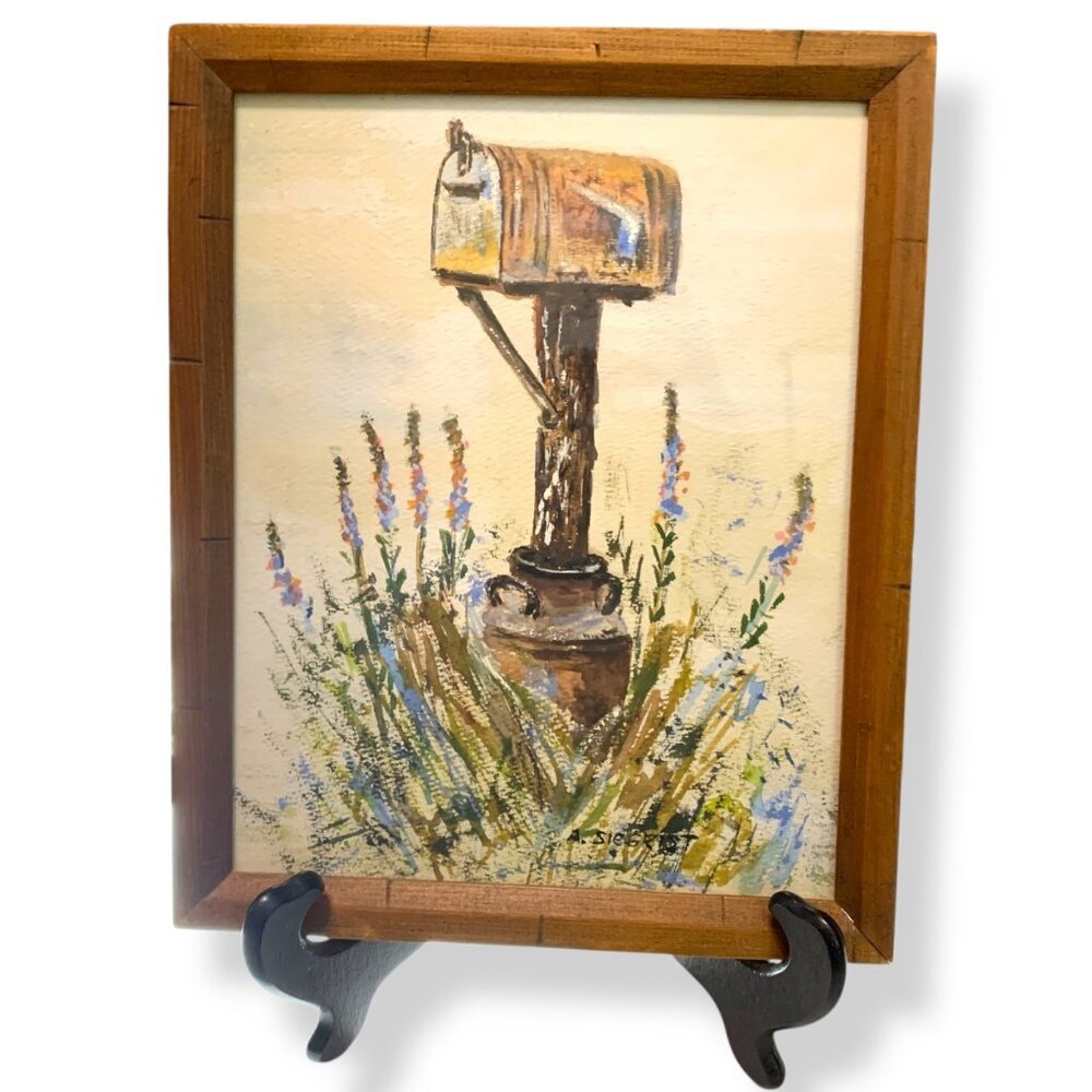 Watercolor Painting Rural Mailbox In Wildflowers VTG 1976 Signed A. Siegrist